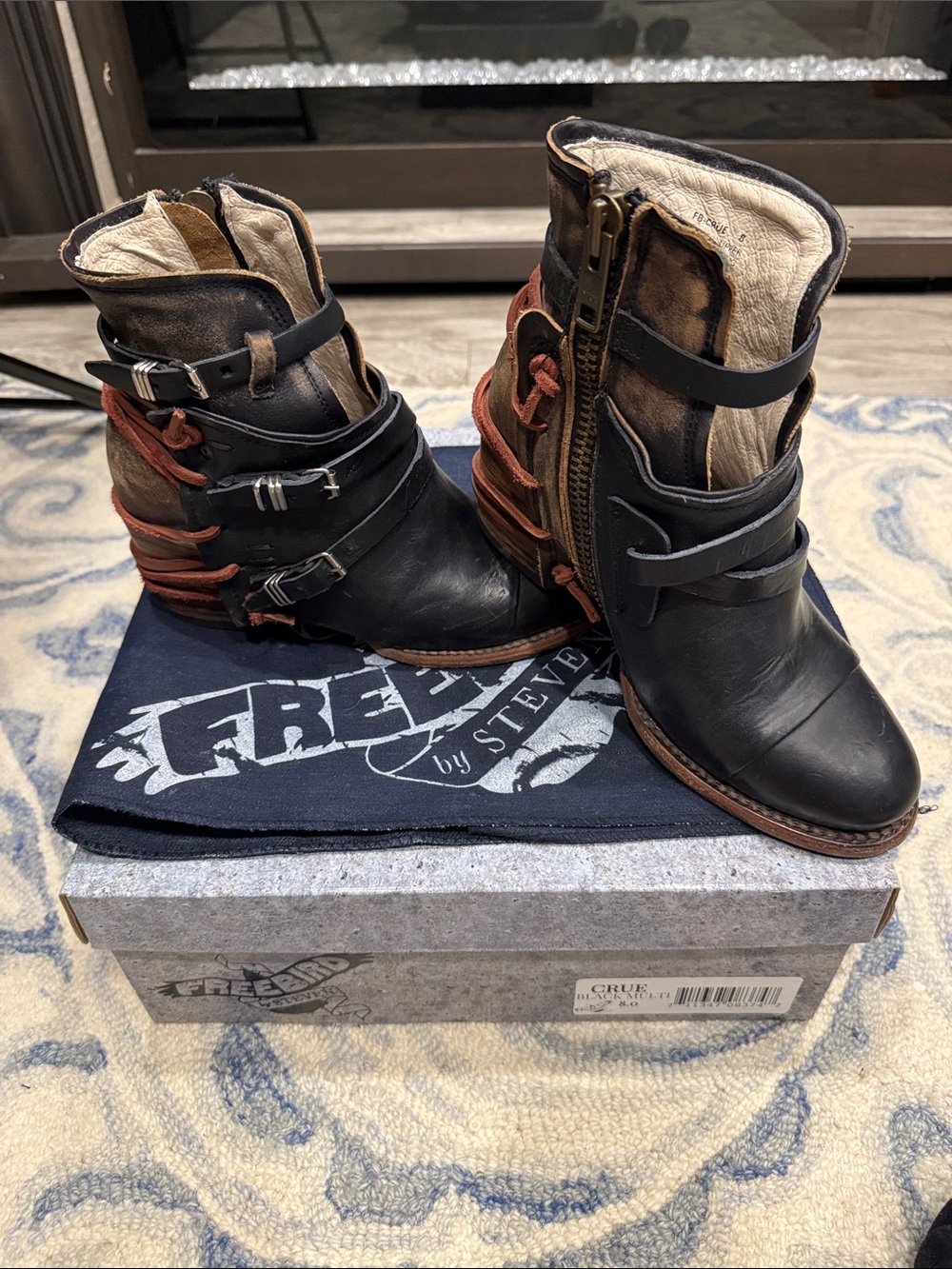 Freebird by Steven Crue Black Leather Ankle Booties with Brown Straps